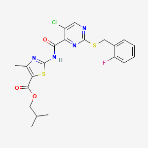 molecular formula C21H20ClFN4O3S2 B11382358 2-Methylpropyl 2-[({5-chloro-2-[(2-fluorobenzyl)sulfanyl]pyrimidin-4-yl}carbonyl)amino]-4-methyl-1,3-thiazole-5-carboxylate 