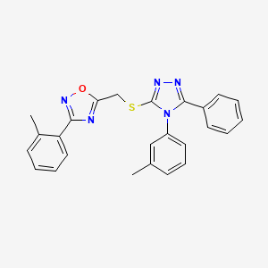 molecular formula C25H21N5OS B11382507 3-(2-methylphenyl)-5-({[4-(3-methylphenyl)-5-phenyl-4H-1,2,4-triazol-3-yl]sulfanyl}methyl)-1,2,4-oxadiazole 