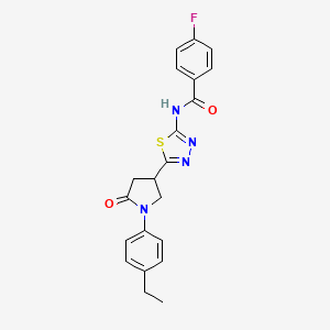 molecular formula C21H19FN4O2S B11382697 N-{5-[1-(4-ethylphenyl)-5-oxopyrrolidin-3-yl]-1,3,4-thiadiazol-2-yl}-4-fluorobenzamide 