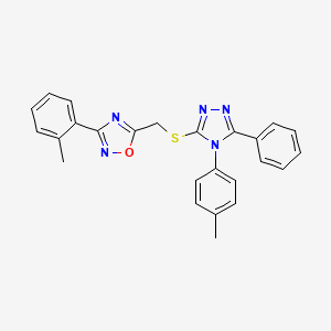 molecular formula C25H21N5OS B11383352 3-(2-methylphenyl)-5-({[4-(4-methylphenyl)-5-phenyl-4H-1,2,4-triazol-3-yl]sulfanyl}methyl)-1,2,4-oxadiazole 