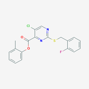 molecular formula C19H14ClFN2O2S B11385227 2-Methylphenyl 5-chloro-2-[(2-fluorobenzyl)sulfanyl]pyrimidine-4-carboxylate 