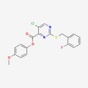 molecular formula C19H14ClFN2O3S B11386146 4-Methoxyphenyl 5-chloro-2-[(2-fluorobenzyl)sulfanyl]pyrimidine-4-carboxylate 