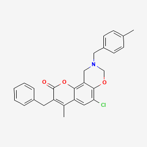 molecular formula C27H24ClNO3 B11386940 3-benzyl-6-chloro-4-methyl-9-(4-methylbenzyl)-9,10-dihydro-2H,8H-chromeno[8,7-e][1,3]oxazin-2-one 