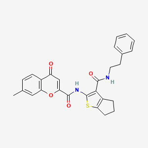 molecular formula C27H24N2O4S B11386981 7-methyl-4-oxo-N-{3-[(2-phenylethyl)carbamoyl]-5,6-dihydro-4H-cyclopenta[b]thiophen-2-yl}-4H-chromene-2-carboxamide 