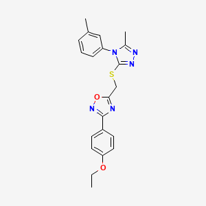 molecular formula C21H21N5O2S B11387005 3-(4-ethoxyphenyl)-5-({[5-methyl-4-(3-methylphenyl)-4H-1,2,4-triazol-3-yl]sulfanyl}methyl)-1,2,4-oxadiazole 