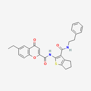 molecular formula C28H26N2O4S B11390084 6-ethyl-4-oxo-N-{3-[(2-phenylethyl)carbamoyl]-5,6-dihydro-4H-cyclopenta[b]thiophen-2-yl}-4H-chromene-2-carboxamide 