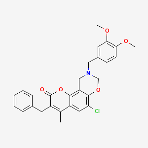 molecular formula C28H26ClNO5 B11390216 3-benzyl-6-chloro-9-(3,4-dimethoxybenzyl)-4-methyl-9,10-dihydro-2H,8H-chromeno[8,7-e][1,3]oxazin-2-one 