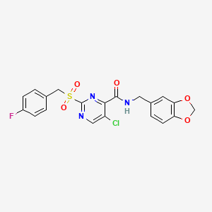 molecular formula C20H15ClFN3O5S B11390386 N-(1,3-benzodioxol-5-ylmethyl)-5-chloro-2-[(4-fluorobenzyl)sulfonyl]pyrimidine-4-carboxamide 