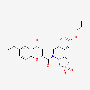 molecular formula C26H29NO6S B11390425 N-(1,1-dioxidotetrahydrothiophen-3-yl)-6-ethyl-4-oxo-N-(4-propoxybenzyl)-4H-chromene-2-carboxamide 