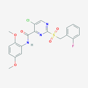 molecular formula C20H17ClFN3O5S B11391648 5-chloro-N-(2,5-dimethoxyphenyl)-2-[(2-fluorobenzyl)sulfonyl]pyrimidine-4-carboxamide 