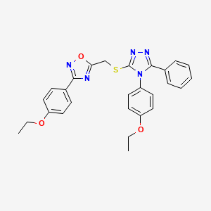 molecular formula C27H25N5O3S B11391853 3-(4-ethoxyphenyl)-5-({[4-(4-ethoxyphenyl)-5-phenyl-4H-1,2,4-triazol-3-yl]sulfanyl}methyl)-1,2,4-oxadiazole 