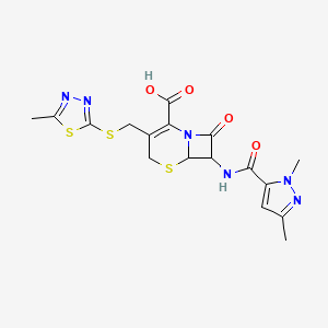 molecular formula C17H18N6O4S3 B11392030 7-{[(1,3-dimethyl-1H-pyrazol-5-yl)carbonyl]amino}-3-{[(5-methyl-1,3,4-thiadiazol-2-yl)sulfanyl]methyl}-8-oxo-5-thia-1-azabicyclo[4.2.0]oct-2-ene-2-carboxylic acid 