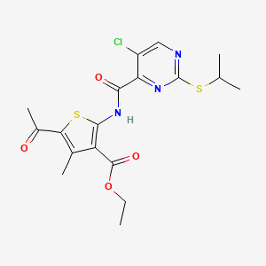 molecular formula C18H20ClN3O4S2 B11392433 Ethyl 5-acetyl-2-({[5-chloro-2-(propan-2-ylsulfanyl)pyrimidin-4-yl]carbonyl}amino)-4-methylthiophene-3-carboxylate 