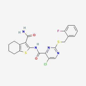 molecular formula C21H18ClFN4O2S2 B11393775 N-(3-carbamoyl-4,5,6,7-tetrahydro-1-benzothiophen-2-yl)-5-chloro-2-[(2-fluorobenzyl)sulfanyl]pyrimidine-4-carboxamide 