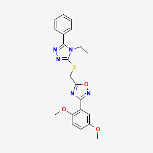 molecular formula C21H21N5O3S B11394154 3-(2,5-dimethoxyphenyl)-5-{[(4-ethyl-5-phenyl-4H-1,2,4-triazol-3-yl)sulfanyl]methyl}-1,2,4-oxadiazole 