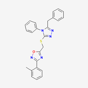 molecular formula C25H21N5OS B11394622 5-{[(5-benzyl-4-phenyl-4H-1,2,4-triazol-3-yl)sulfanyl]methyl}-3-(2-methylphenyl)-1,2,4-oxadiazole 