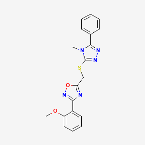 molecular formula C19H17N5O2S B11395196 3-(2-methoxyphenyl)-5-{[(4-methyl-5-phenyl-4H-1,2,4-triazol-3-yl)sulfanyl]methyl}-1,2,4-oxadiazole 