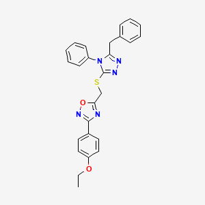 molecular formula C26H23N5O2S B11395576 5-{[(5-benzyl-4-phenyl-4H-1,2,4-triazol-3-yl)sulfanyl]methyl}-3-(4-ethoxyphenyl)-1,2,4-oxadiazole 