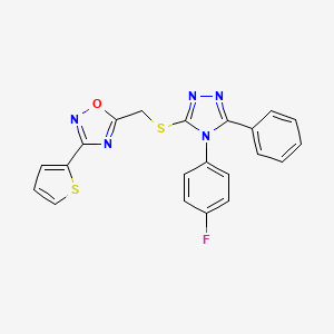 molecular formula C21H14FN5OS2 B11395590 5-({[4-(4-fluorophenyl)-5-phenyl-4H-1,2,4-triazol-3-yl]sulfanyl}methyl)-3-(thiophen-2-yl)-1,2,4-oxadiazole 