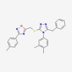 molecular formula C27H25N5OS B11398161 5-({[5-benzyl-4-(3,4-dimethylphenyl)-4H-1,2,4-triazol-3-yl]sulfanyl}methyl)-3-(4-methylphenyl)-1,2,4-oxadiazole 