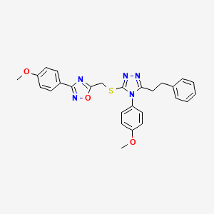 molecular formula C27H25N5O3S B11398250 3-(4-methoxyphenyl)-5-({[4-(4-methoxyphenyl)-5-(2-phenylethyl)-4H-1,2,4-triazol-3-yl]sulfanyl}methyl)-1,2,4-oxadiazole 