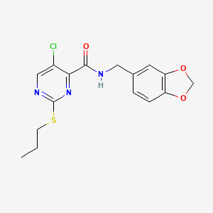 molecular formula C16H16ClN3O3S B11398585 N-(1,3-benzodioxol-5-ylmethyl)-5-chloro-2-(propylsulfanyl)pyrimidine-4-carboxamide 