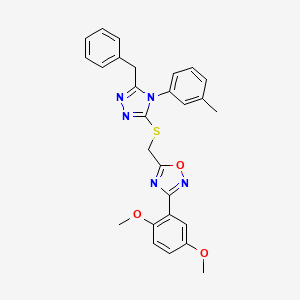 molecular formula C27H25N5O3S B11399625 5-({[5-benzyl-4-(3-methylphenyl)-4H-1,2,4-triazol-3-yl]sulfanyl}methyl)-3-(2,5-dimethoxyphenyl)-1,2,4-oxadiazole 