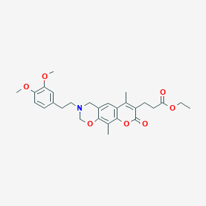 ethyl 3-{3-[2-(3,4-dimethoxyphenyl)ethyl]-6,10-dimethyl-8-oxo-3,4-dihydro-2H,8H-chromeno[6,7-e][1,3]oxazin-7-yl}propanoate