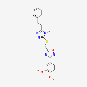 molecular formula C22H23N5O3S B11400527 3-(3,4-dimethoxyphenyl)-5-({[4-methyl-5-(2-phenylethyl)-4H-1,2,4-triazol-3-yl]sulfanyl}methyl)-1,2,4-oxadiazole 