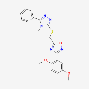 molecular formula C20H19N5O3S B11401004 3-(2,5-dimethoxyphenyl)-5-{[(4-methyl-5-phenyl-4H-1,2,4-triazol-3-yl)sulfanyl]methyl}-1,2,4-oxadiazole 