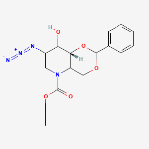 molecular formula C₁₈H₂₄N₄O₅ B1140165 2-Azido-4,6-O-benzylidene-N-(tert-butoxycarbonyl)-1,2,5-trideoxy-1,5-imino-D-glucitol CAS No. 133697-23-1