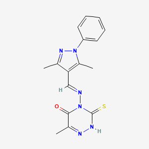 molecular formula C16H16N6OS B11402391 4-{[(E)-(3,5-dimethyl-1-phenyl-1H-pyrazol-4-yl)methylidene]amino}-6-methyl-3-sulfanyl-1,2,4-triazin-5(4H)-one 