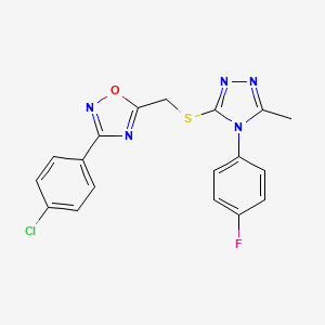 molecular formula C18H13ClFN5OS B11402633 3-(4-chlorophenyl)-5-({[4-(4-fluorophenyl)-5-methyl-4H-1,2,4-triazol-3-yl]sulfanyl}methyl)-1,2,4-oxadiazole 