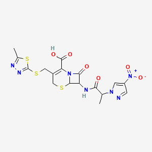 3-{[(5-methyl-1,3,4-thiadiazol-2-yl)sulfanyl]methyl}-7-{[2-(4-nitro-1H-pyrazol-1-yl)propanoyl]amino}-8-oxo-5-thia-1-azabicyclo[4.2.0]oct-2-ene-2-carboxylic acid