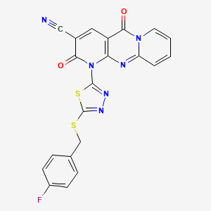 7-[5-[(4-fluorophenyl)methylsulfanyl]-1,3,4-thiadiazol-2-yl]-2,6-dioxo-1,7,9-triazatricyclo[8.4.0.03,8]tetradeca-3(8),4,9,11,13-pentaene-5-carbonitrile