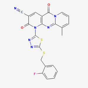 7-[5-[(2-fluorophenyl)methylsulfanyl]-1,3,4-thiadiazol-2-yl]-11-methyl-2,6-dioxo-1,7,9-triazatricyclo[8.4.0.03,8]tetradeca-3(8),4,9,11,13-pentaene-5-carbonitrile