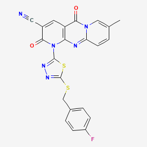 7-[5-[(4-fluorophenyl)methylsulfanyl]-1,3,4-thiadiazol-2-yl]-13-methyl-2,6-dioxo-1,7,9-triazatricyclo[8.4.0.03,8]tetradeca-3(8),4,9,11,13-pentaene-5-carbonitrile