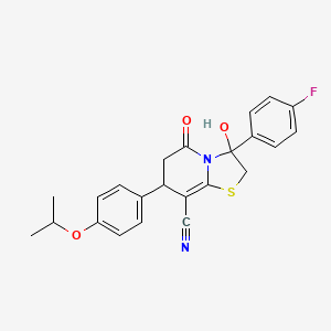 molecular formula C23H21FN2O3S B11406316 3-(4-fluorophenyl)-3-hydroxy-5-oxo-7-[4-(propan-2-yloxy)phenyl]-2,3,6,7-tetrahydro-5H-[1,3]thiazolo[3,2-a]pyridine-8-carbonitrile 