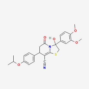 molecular formula C25H26N2O5S B11407287 3-(3,4-dimethoxyphenyl)-3-hydroxy-5-oxo-7-[4-(propan-2-yloxy)phenyl]-2,3,6,7-tetrahydro-5H-[1,3]thiazolo[3,2-a]pyridine-8-carbonitrile 