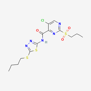 molecular formula C14H18ClN5O3S3 B11407678 N-[5-(butylsulfanyl)-1,3,4-thiadiazol-2-yl]-5-chloro-2-(propylsulfonyl)pyrimidine-4-carboxamide 