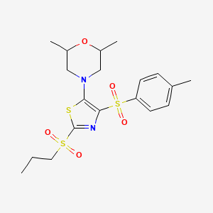 molecular formula C19H26N2O5S3 B11410410 2,6-Dimethyl-4-{4-[(4-methylphenyl)sulfonyl]-2-(propylsulfonyl)-1,3-thiazol-5-yl}morpholine 