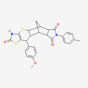 9-(4-methoxyphenyl)-14-(4-methylphenyl)-3,7-dithia-5,14-diazapentacyclo[9.5.1.02,10.04,8.012,16]heptadec-4(8)-ene-6,13,15-trione