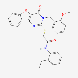 molecular formula C28H25N3O4S B11410500 N-(2-ethylphenyl)-2-((3-(2-methoxybenzyl)-4-oxo-3,4-dihydrobenzofuro[3,2-d]pyrimidin-2-yl)thio)acetamide 