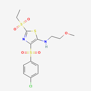 molecular formula C14H17ClN2O5S3 B11410876 4-((4-chlorophenyl)sulfonyl)-2-(ethylsulfonyl)-N-(2-methoxyethyl)thiazol-5-amine 