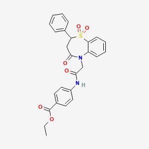 molecular formula C26H24N2O6S B11411572 ethyl 4-{[(1,1-dioxido-4-oxo-2-phenyl-3,4-dihydro-1,5-benzothiazepin-5(2H)-yl)acetyl]amino}benzoate 