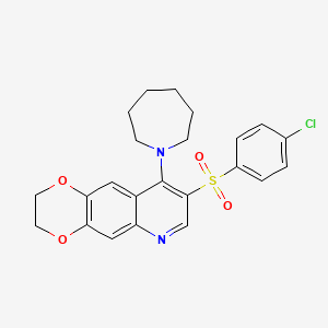 molecular formula C23H23ClN2O4S B11411583 9-(Azepan-1-yl)-8-((4-chlorophenyl)sulfonyl)-2,3-dihydro-[1,4]dioxino[2,3-g]quinoline 