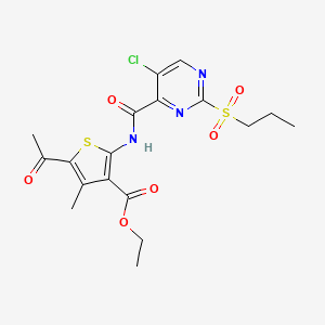 molecular formula C18H20ClN3O6S2 B11411667 Ethyl 5-acetyl-2-({[5-chloro-2-(propylsulfonyl)pyrimidin-4-yl]carbonyl}amino)-4-methylthiophene-3-carboxylate 