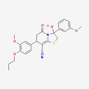 molecular formula C25H26N2O5S B11411964 3-hydroxy-3-(3-methoxyphenyl)-7-(3-methoxy-4-propoxyphenyl)-5-oxo-2,3,6,7-tetrahydro-5H-[1,3]thiazolo[3,2-a]pyridine-8-carbonitrile 