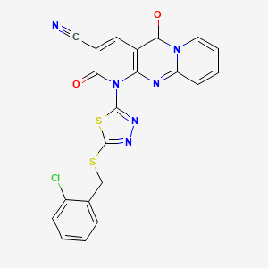 7-[5-[(2-chlorophenyl)methylsulfanyl]-1,3,4-thiadiazol-2-yl]-2,6-dioxo-1,7,9-triazatricyclo[8.4.0.03,8]tetradeca-3(8),4,9,11,13-pentaene-5-carbonitrile