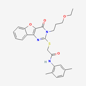 molecular formula C25H27N3O4S B11412266 N-(2,5-dimethylphenyl)-2-{[3-(3-ethoxypropyl)-4-oxo-3,4-dihydro[1]benzofuro[3,2-d]pyrimidin-2-yl]sulfanyl}acetamide 